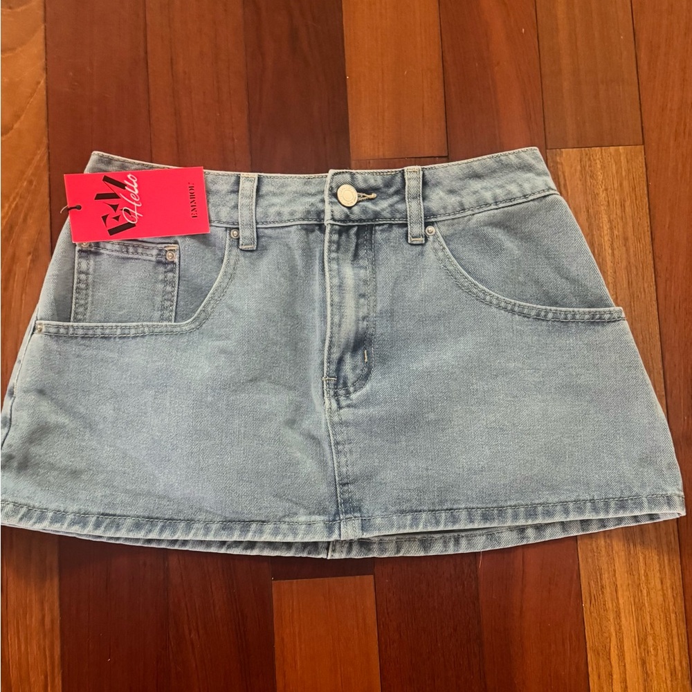 Light Blue Denim Mini Skirt with Front Pockets